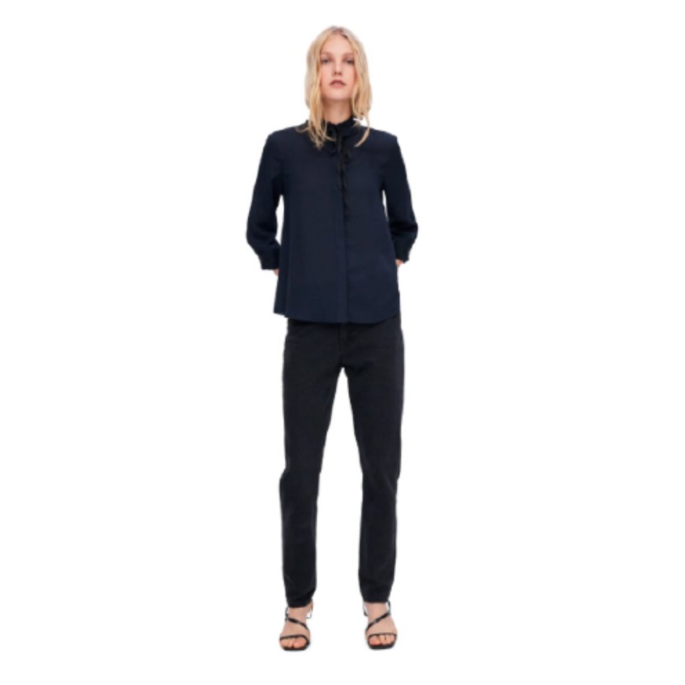 Zara Tie Neck 3/4 Length Sleeve Blouse in Blue